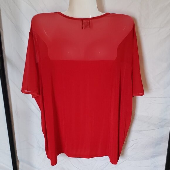 Ladies BENTLEY Short Sleeve Blouse with Sheer Neck in Red. 2X - Picture 3 of 5